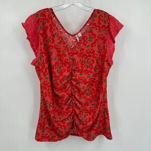 Cato Womens Top Size XL Cherry Print Ruched Eyelet Sleeve Rockabilly Cottagecore